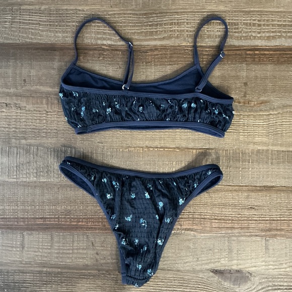 LA Hearts by PACSUN Navy Blue Bikini Set with flower Pattern Top S bottoms XS - Picture 4 of 9